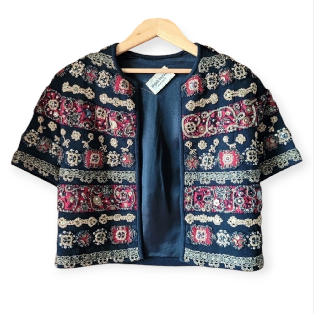 Vintage 60s Boho Gypsy Beaded Embroidered Short Sleeved Bolero Jacket XS